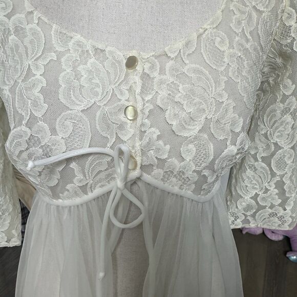 VTG 70s White Lace Sheer Robe Peignoir 3/4 Bell Sleeve Romantic Bridal Med - Picture 2 of 8